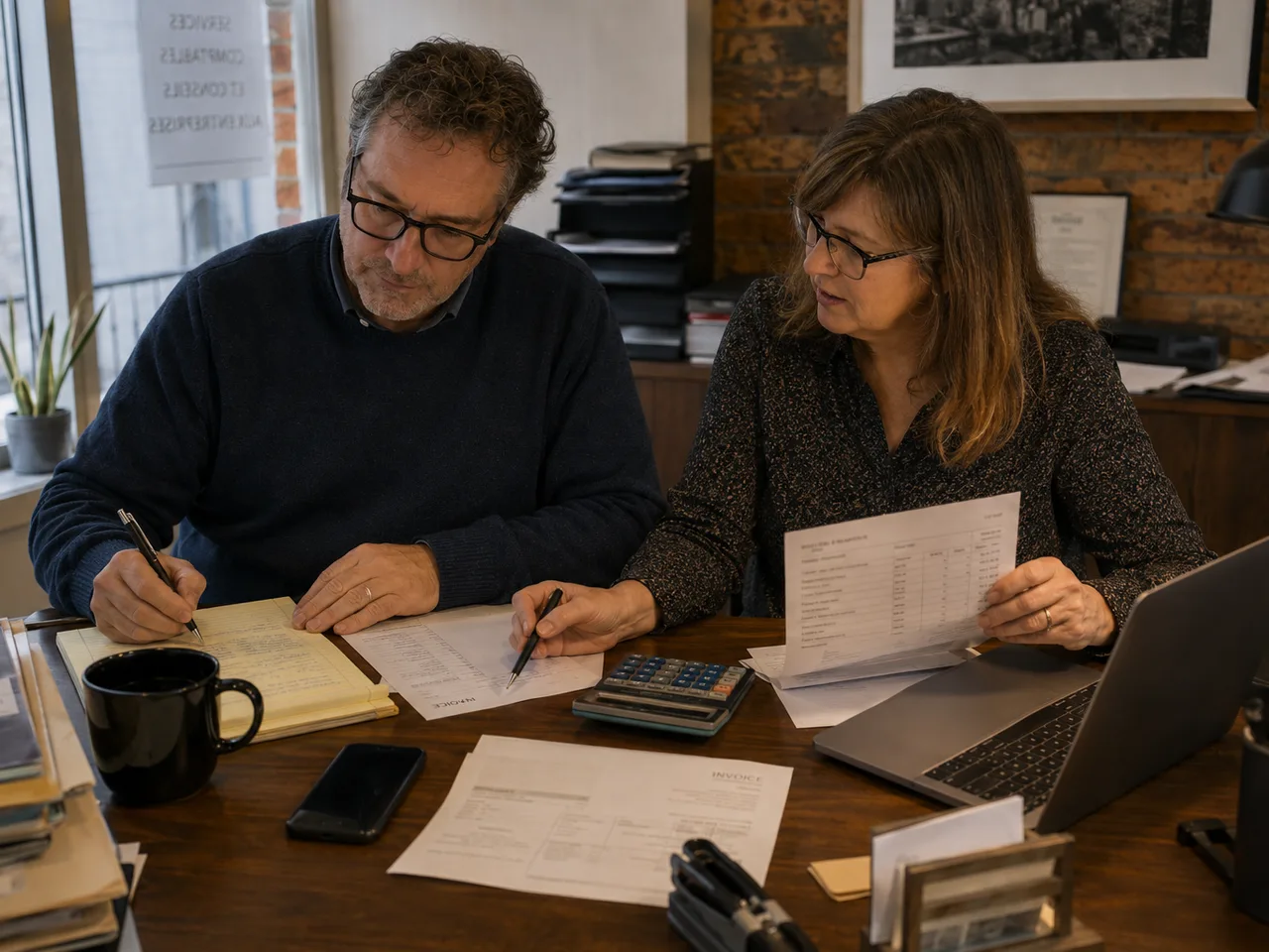 small-business owner and bookkeeper reviewing records together