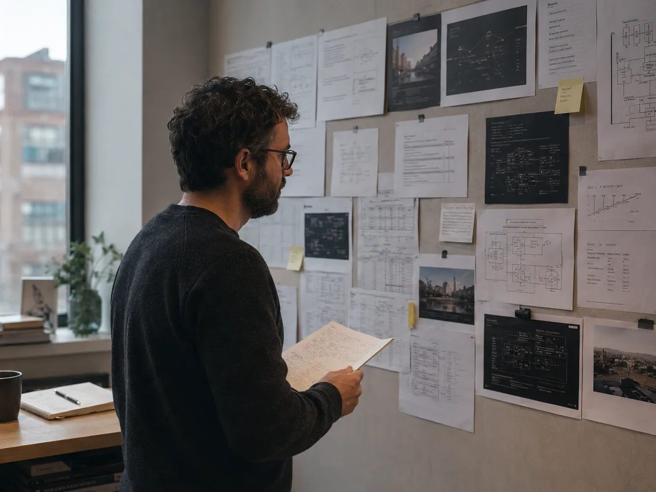 developer or researcher reviewing interconnected evidence and workflow notes