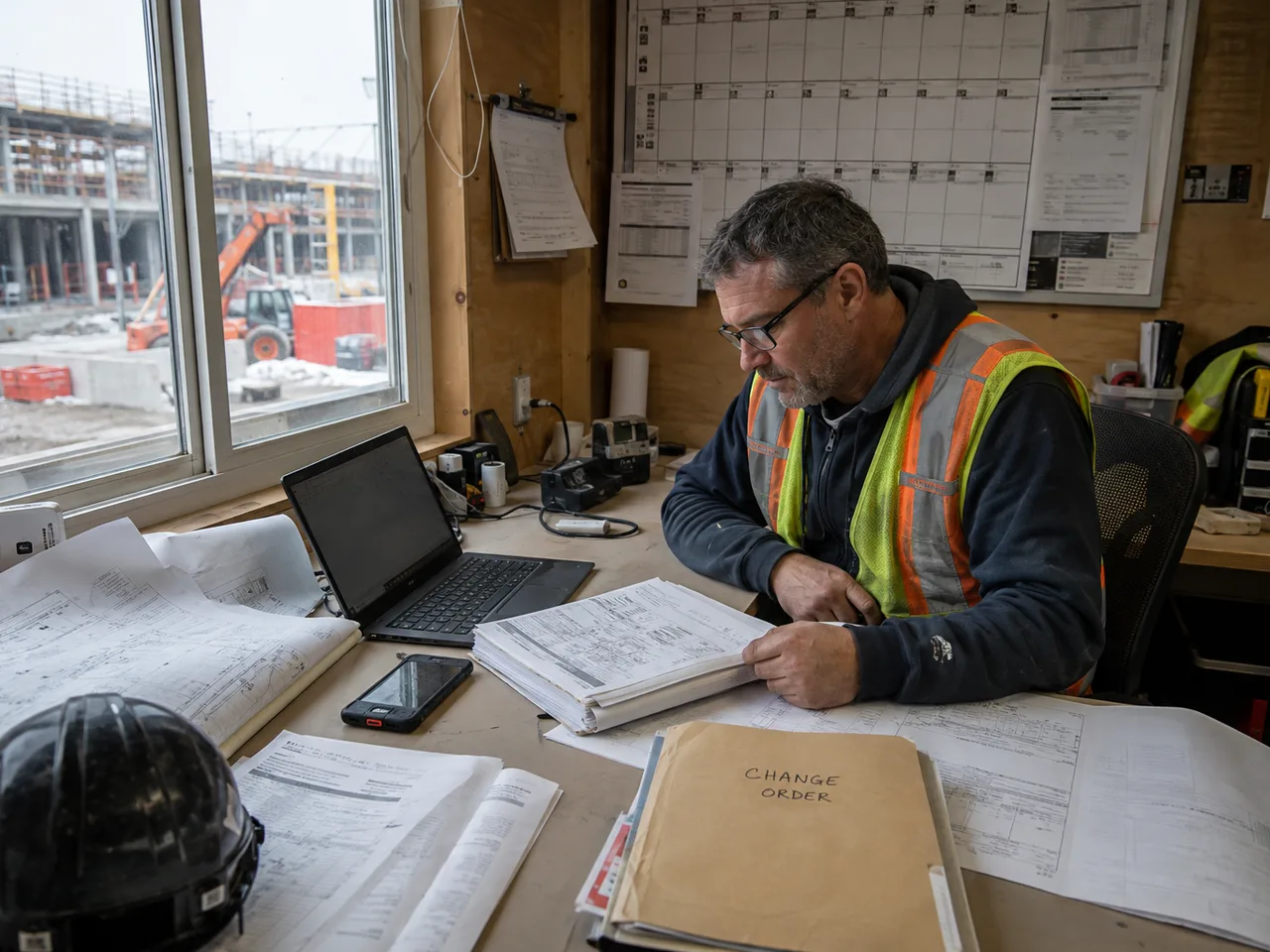 construction project manager working from an active site office