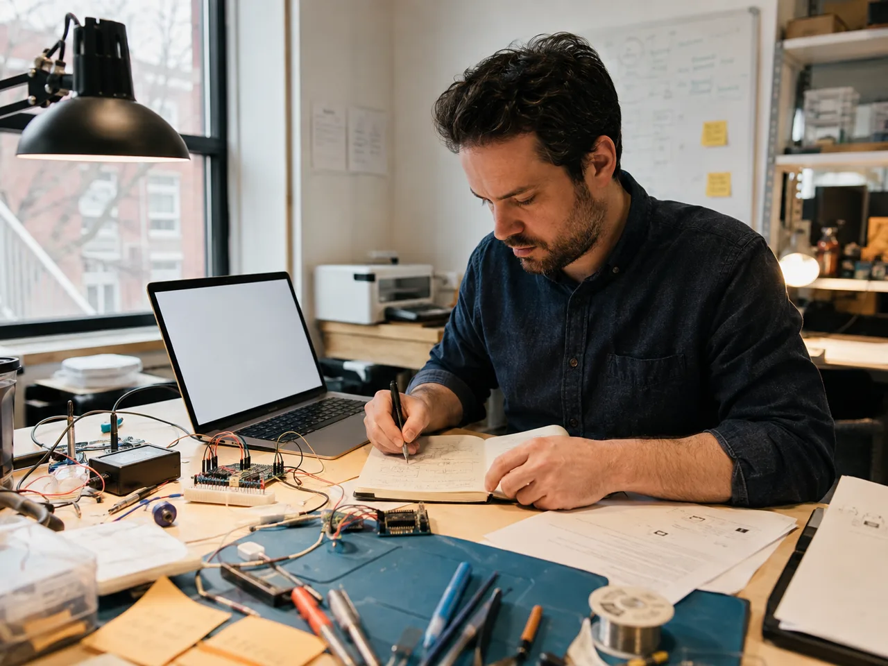 technical founder or developer working through an R&D problem at a practical desk