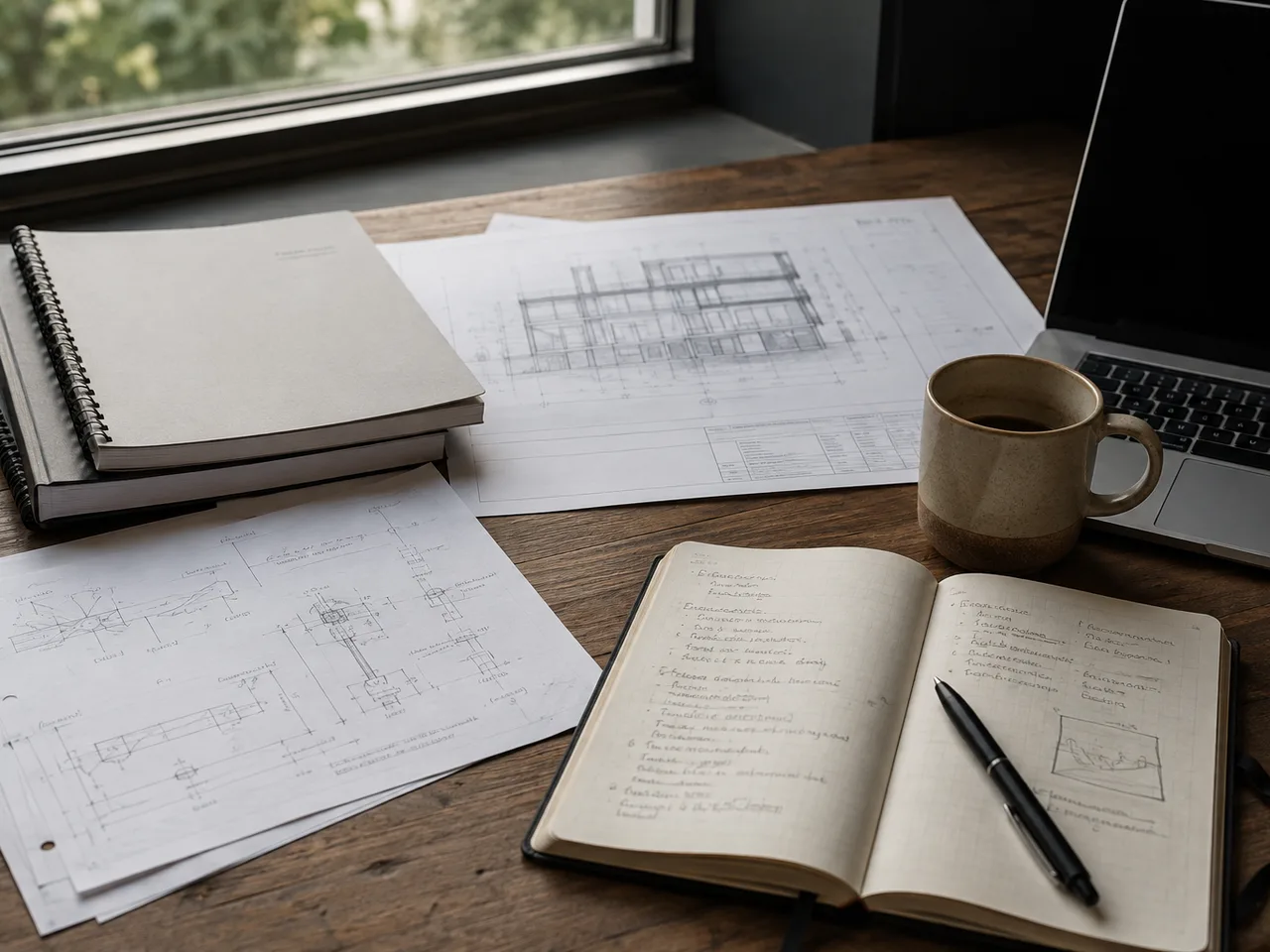 research notebook, technical notes and supporting evidence arranged for review