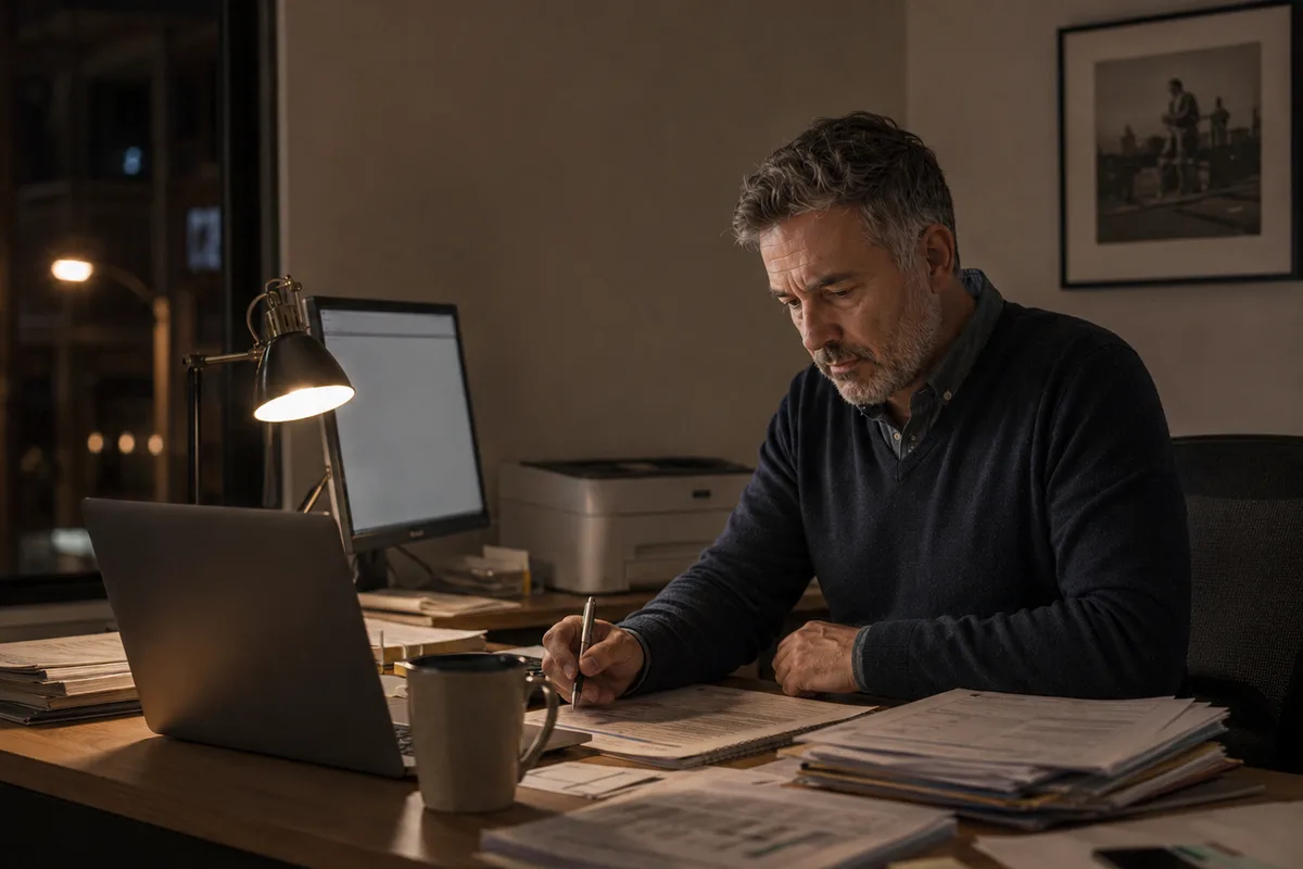 business owner reconstructing records during a quiet evening work session