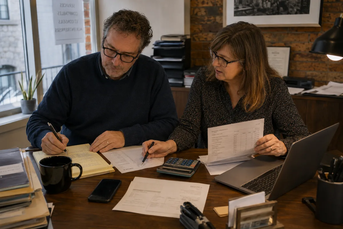 small-business owner and bookkeeper reviewing records together