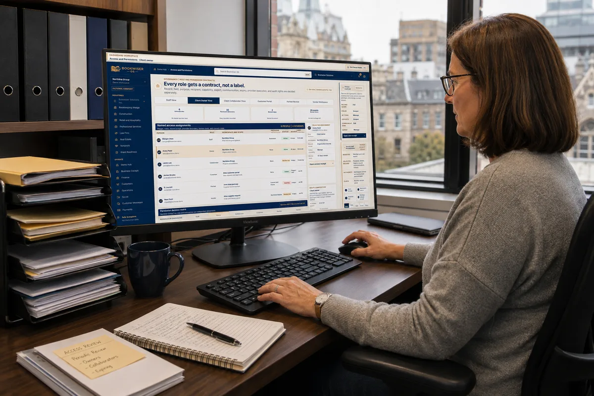 administrator reviewing role-specific access context at a workstation