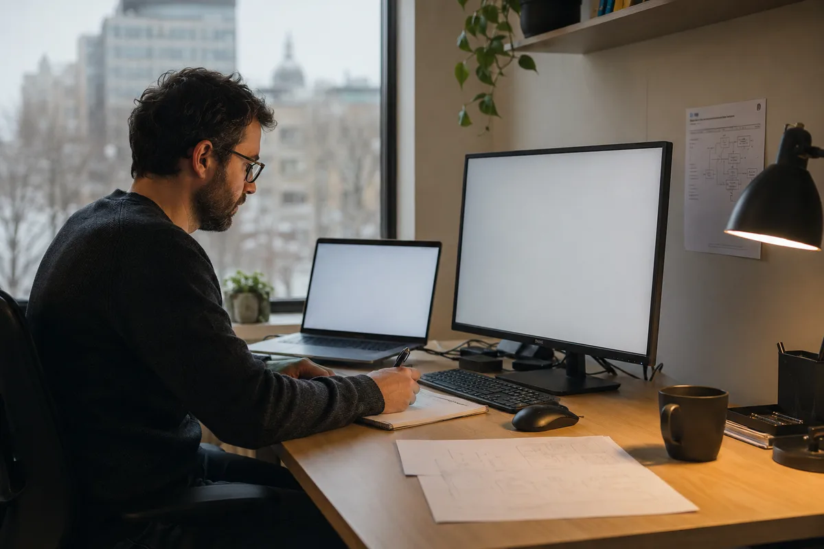 developer reviewing an implementation at a practical technical workstation