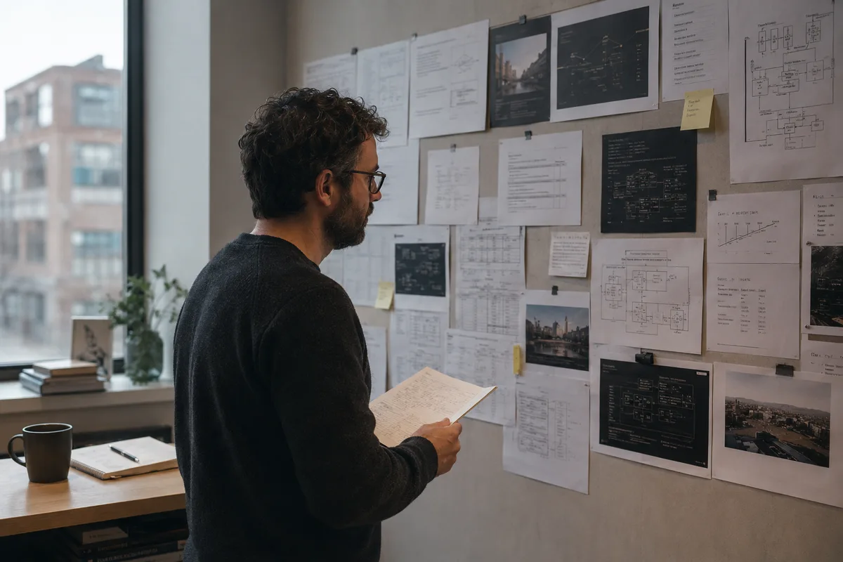developer or researcher reviewing interconnected evidence and workflow notes