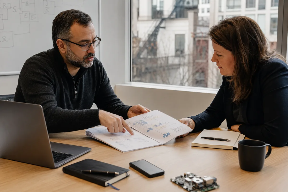 technical specialist and business leader reviewing a system requirement together