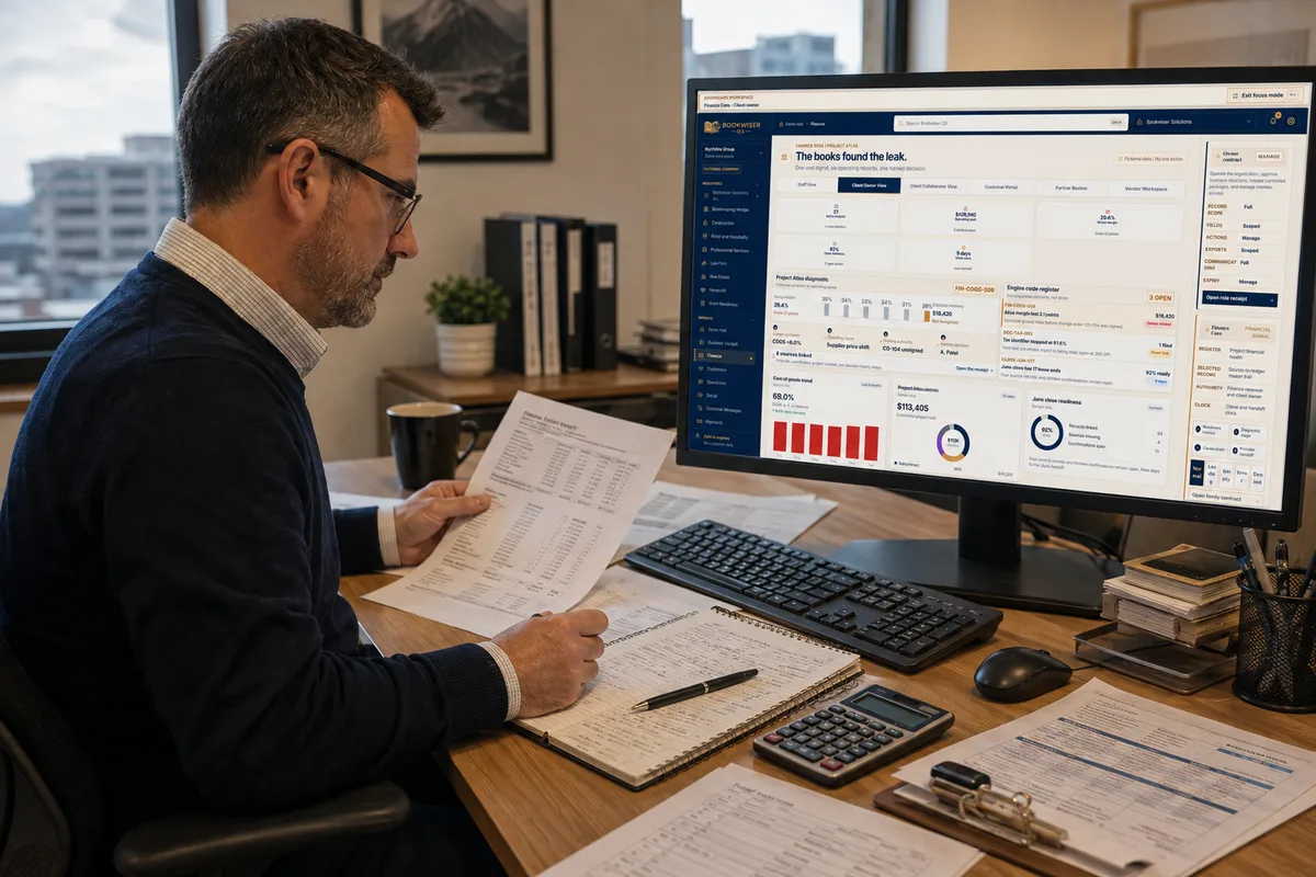 bookkeeper or controller completing month-end review with source documents