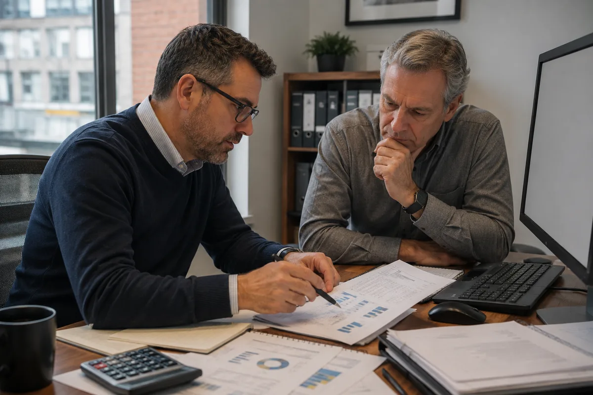 owner and controller reviewing a variance with source records nearby