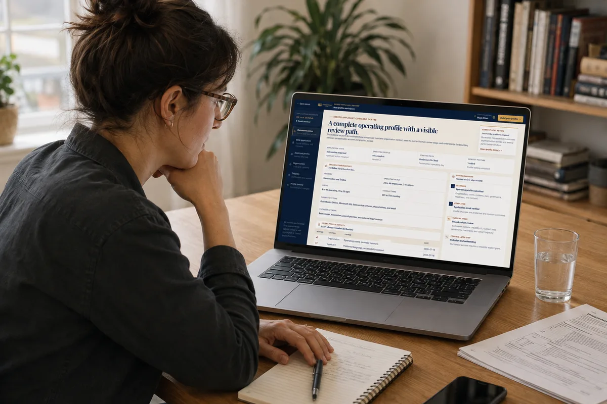 customer reviewing or submitting a service request on a laptop