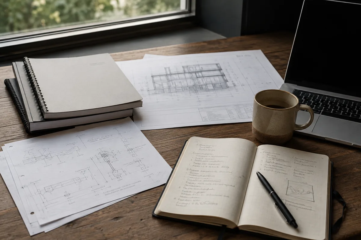research notebook, technical notes and supporting evidence arranged for review