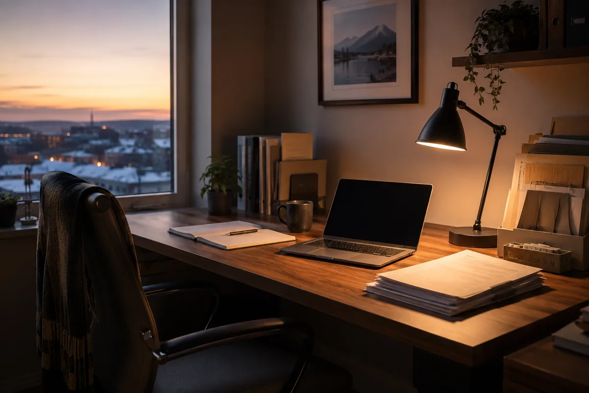 quiet end-of-day workspace after business administration is under control