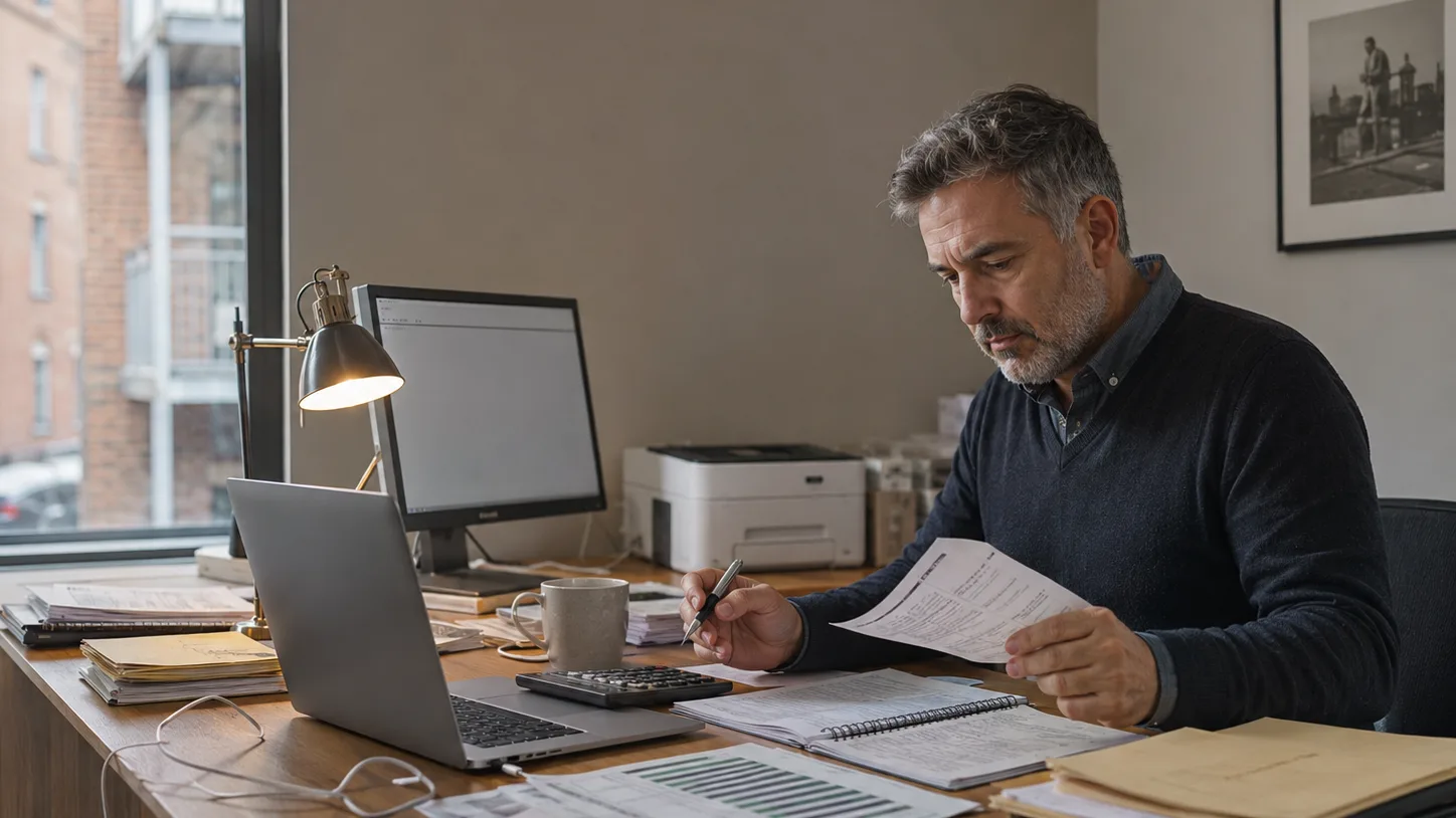 small-business owner working through business records at a practical office desk