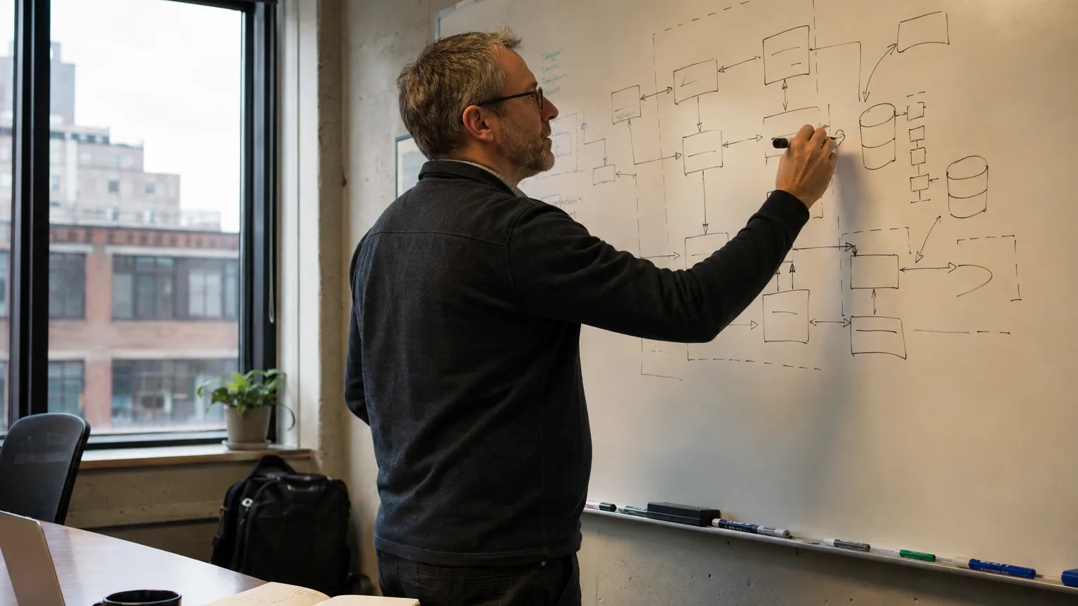 technical architect mapping system design at a whiteboard