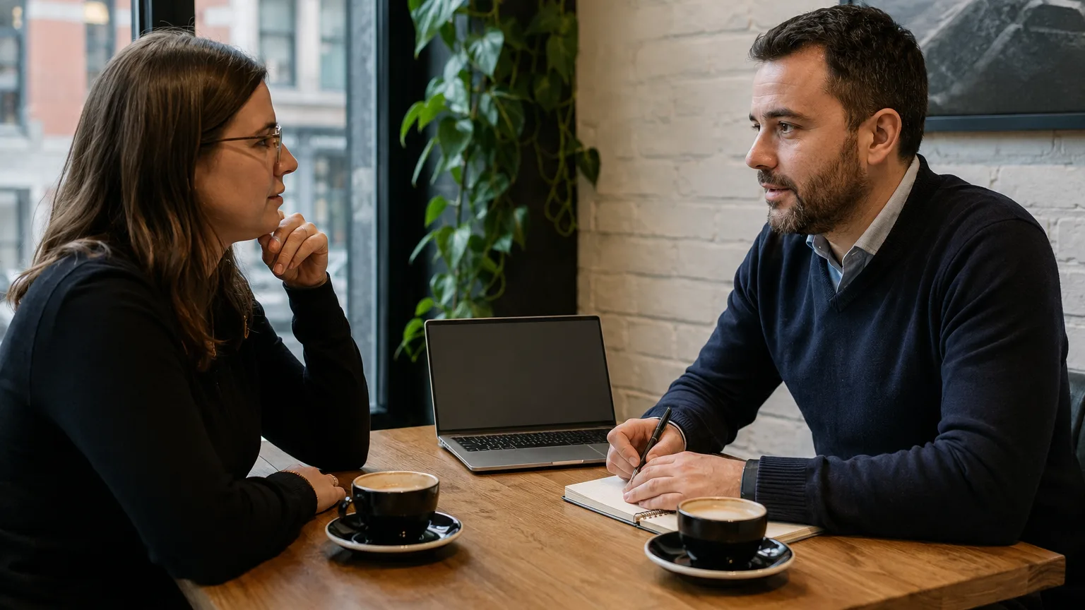 two professionals having a calm, focused business conversation