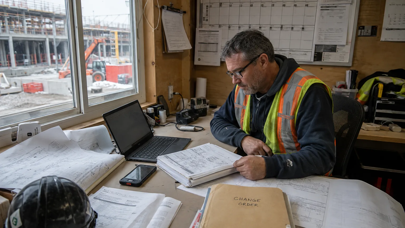 construction project manager working from an active site office