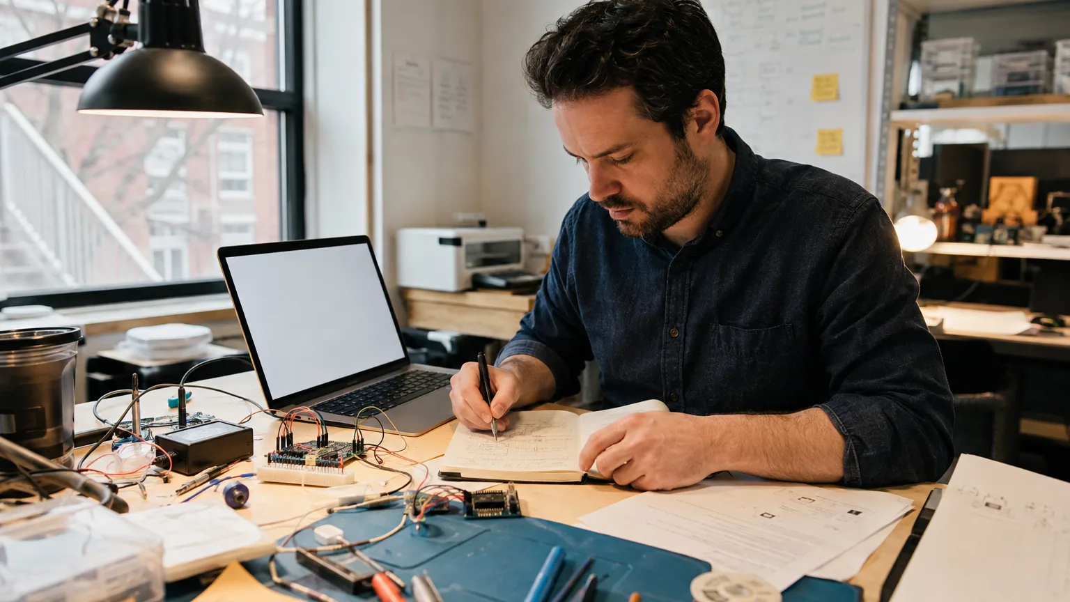 technical founder or developer working through an R&D problem at a practical desk