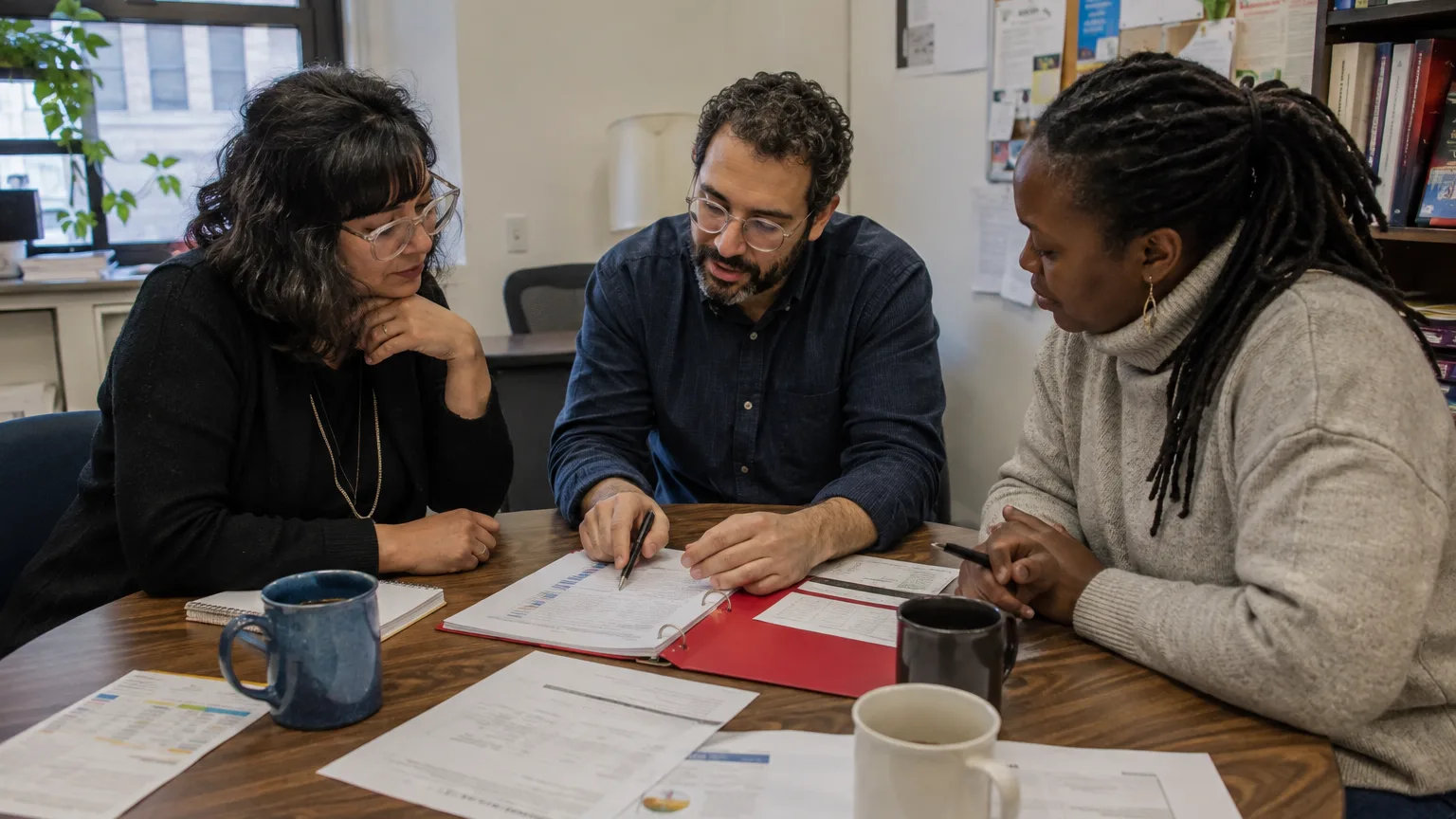 nonprofit program team reviewing delivery, budget and reporting work